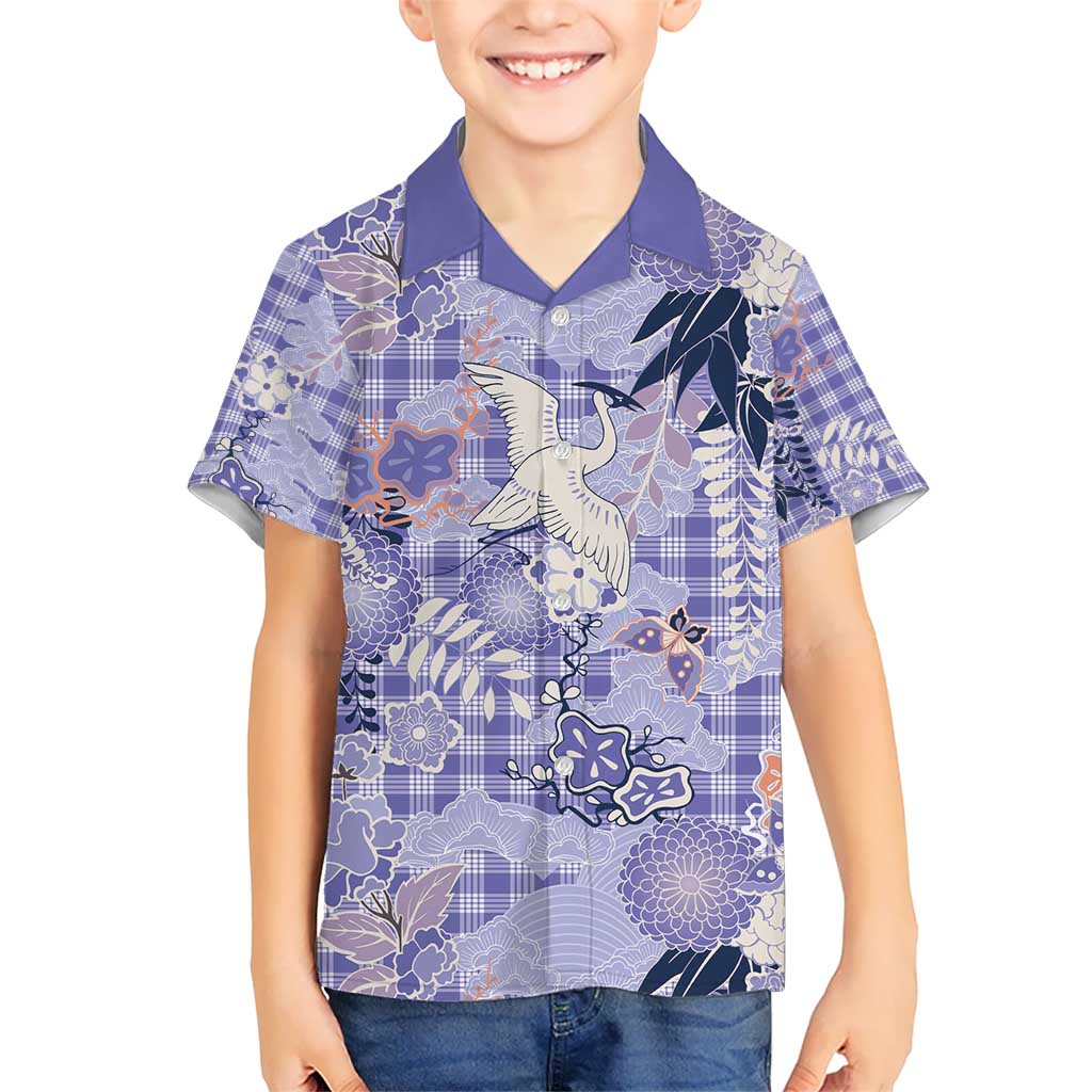 Purple Palaka Crane and Flowers Kid Hawaiian Shirt Japan Heritage Spirit - Polynesian Pride