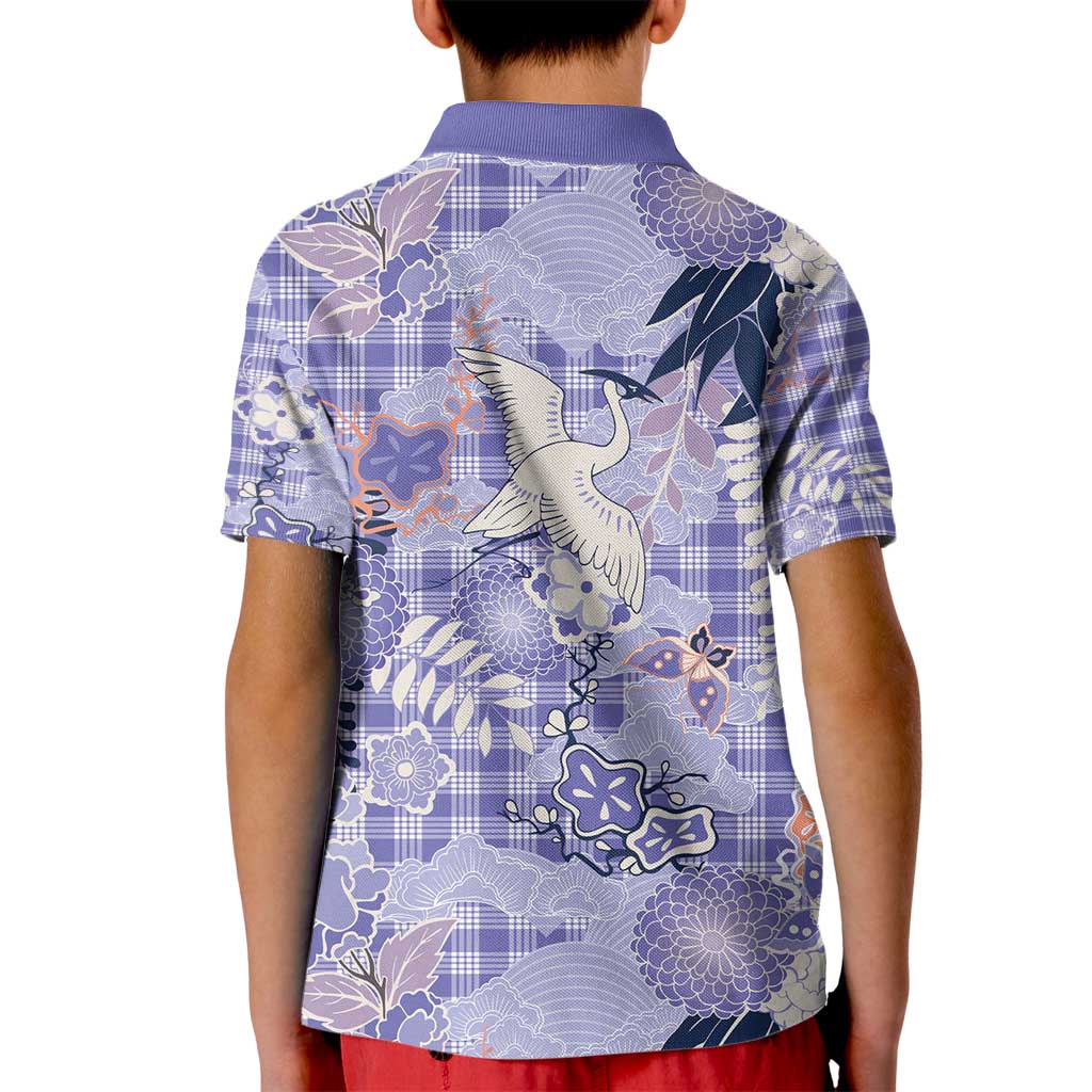 Purple Palaka Crane and Flowers Kid Polo Shirt Japan Heritage Spirit - Polynesian Pride
