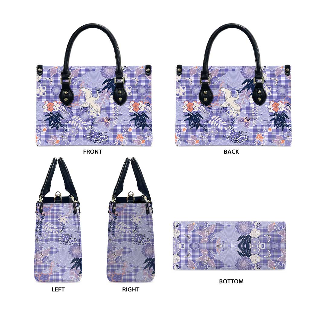 Purple Palaka Crane and Flowers Leather Bag Japan Heritage Spirit - Polynesian Pride