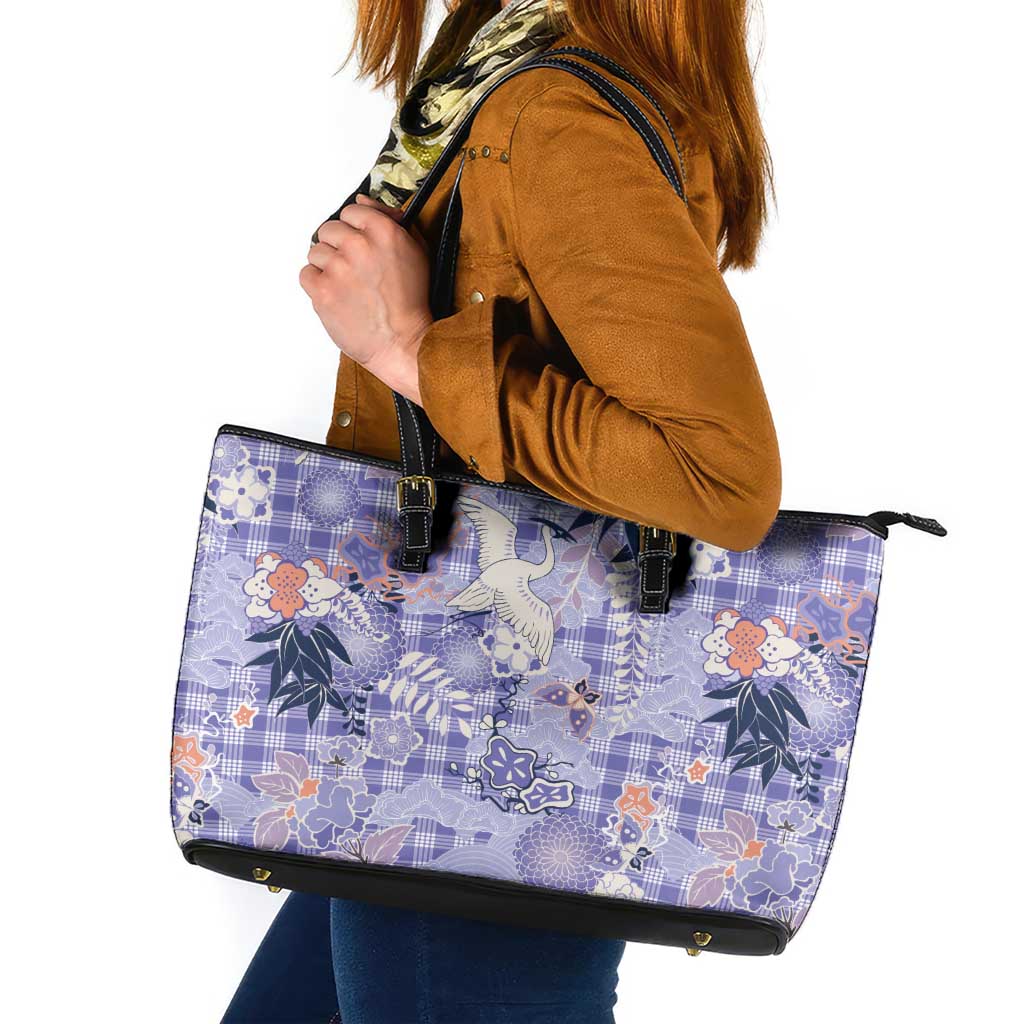 Purple Palaka Crane and Flowers Leather Tote Bag Japan Heritage Spirit - Polynesian Pride