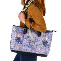 Purple Palaka Crane and Flowers Leather Tote Bag Japan Heritage Spirit - Polynesian Pride