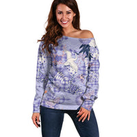 Purple Palaka Crane and Flowers Off Shoulder Sweater Japan Heritage Spirit - Polynesian Pride