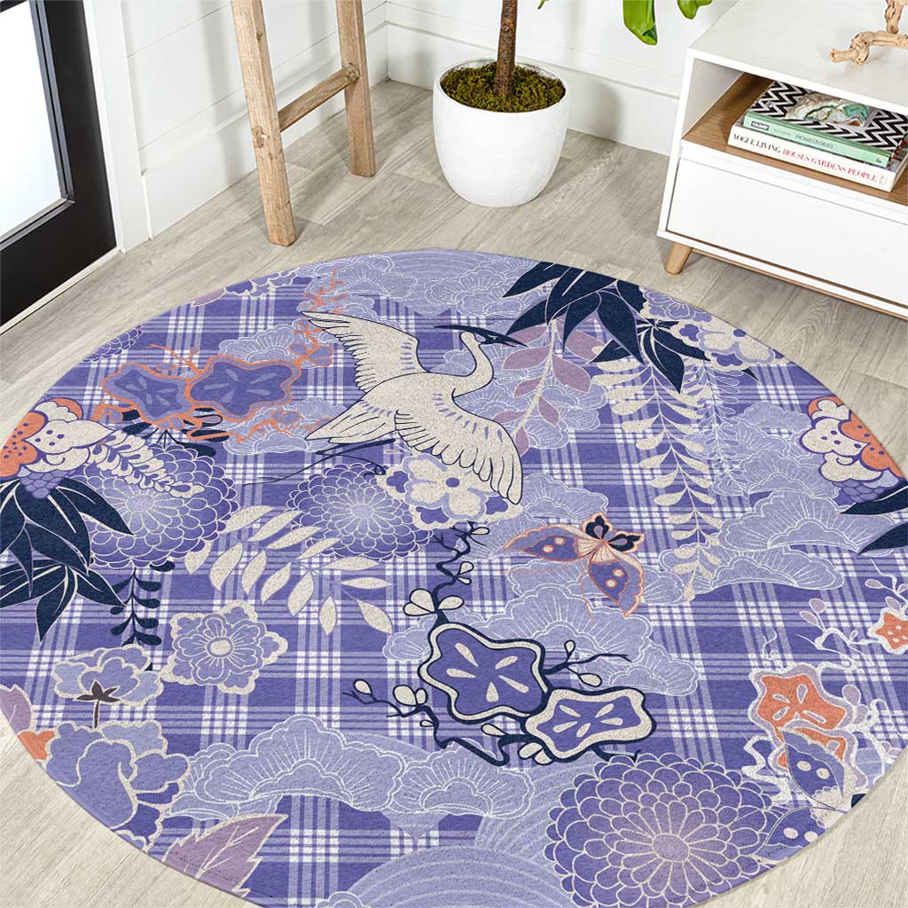 Purple Palaka Crane and Flowers Round Carpet Japan Heritage Spirit LT9 Purple - Polynesian Pride