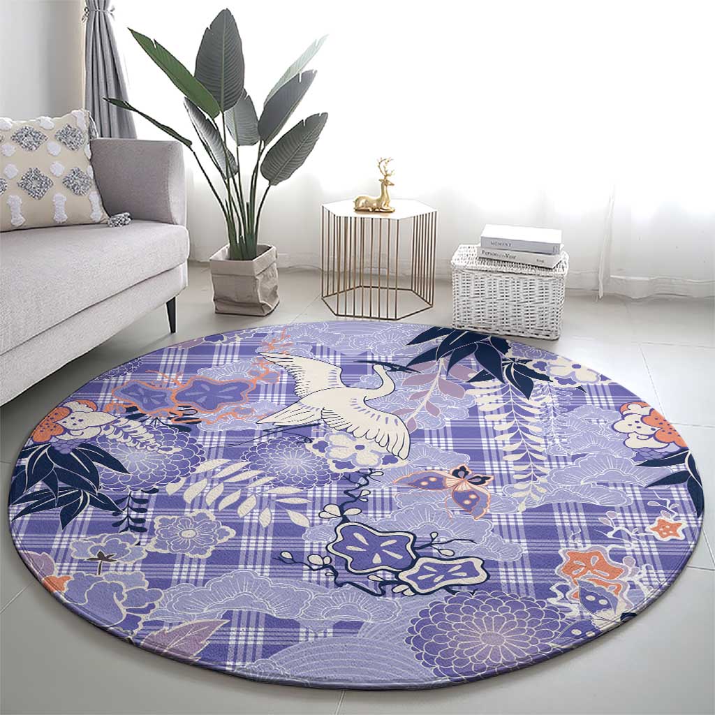 Purple Palaka Crane and Flowers Round Carpet Japan Heritage Spirit LT9 - Polynesian Pride
