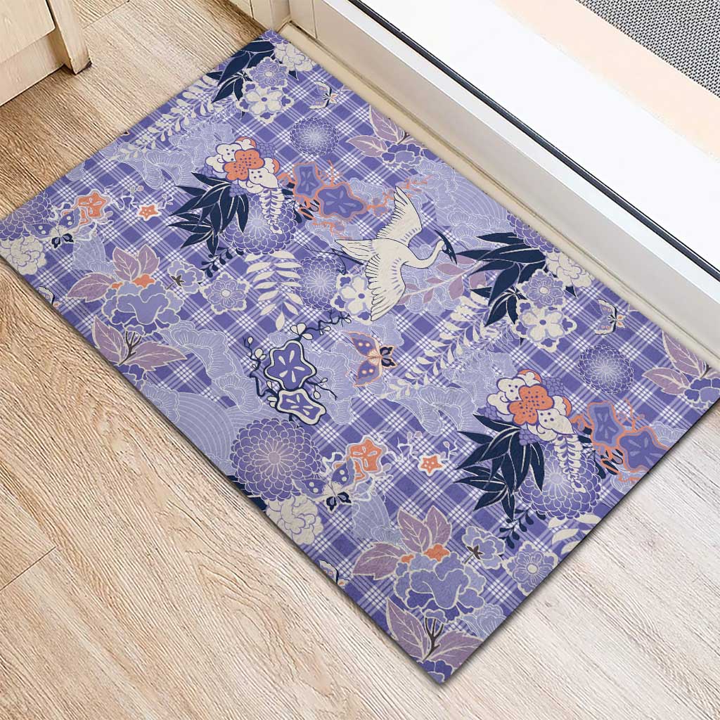 Purple Palaka Crane and Flowers Rubber Doormat Japan Heritage Spirit LT9 - Polynesian Pride
