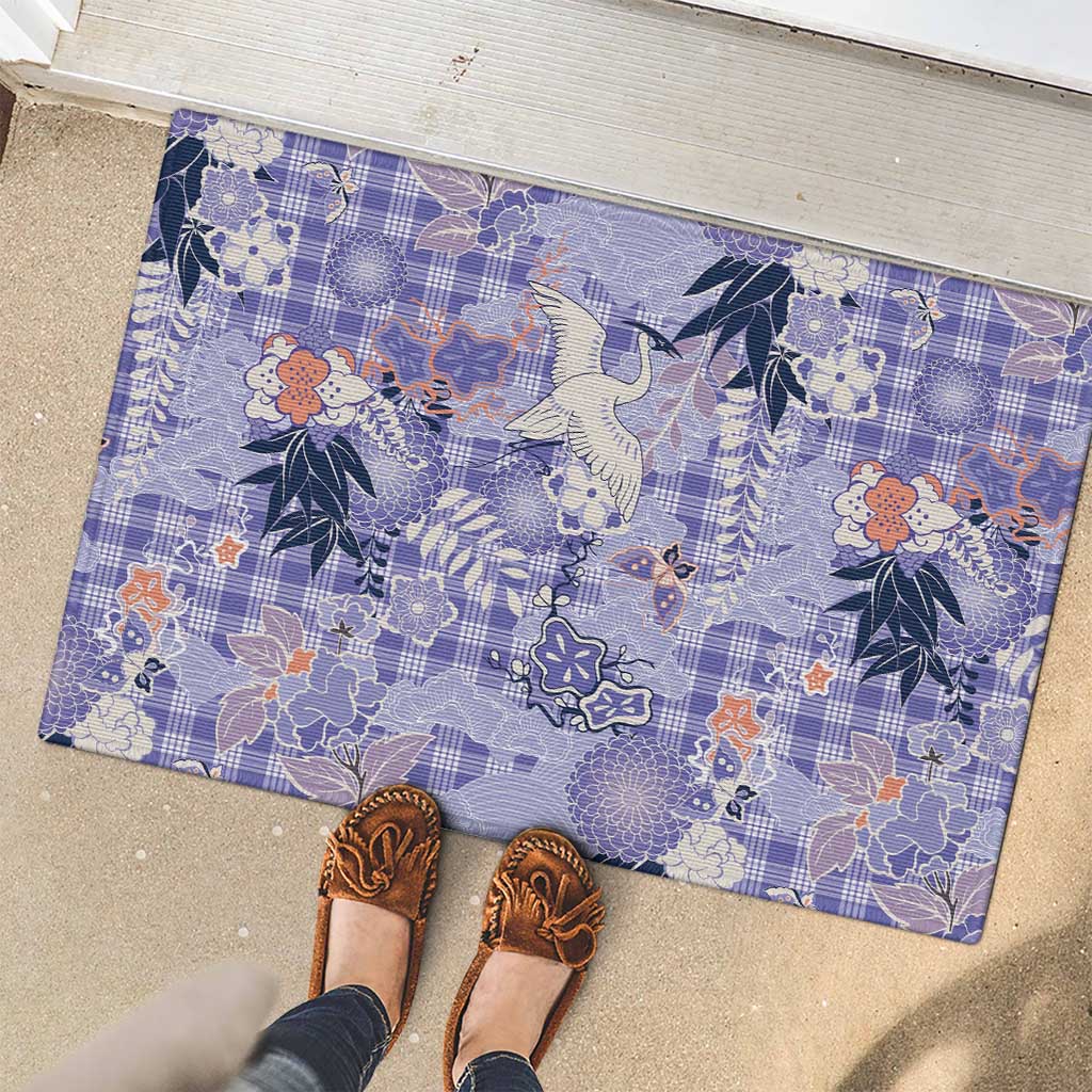 Purple Palaka Crane and Flowers Rubber Doormat Japan Heritage Spirit LT9 - Polynesian Pride