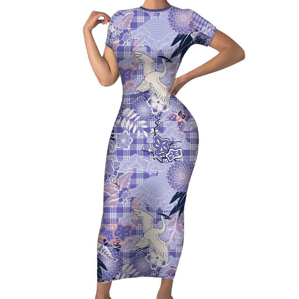 Purple Palaka Crane and Flowers Short Sleeve Bodycon Dress Japan Heritage Spirit - Polynesian Pride