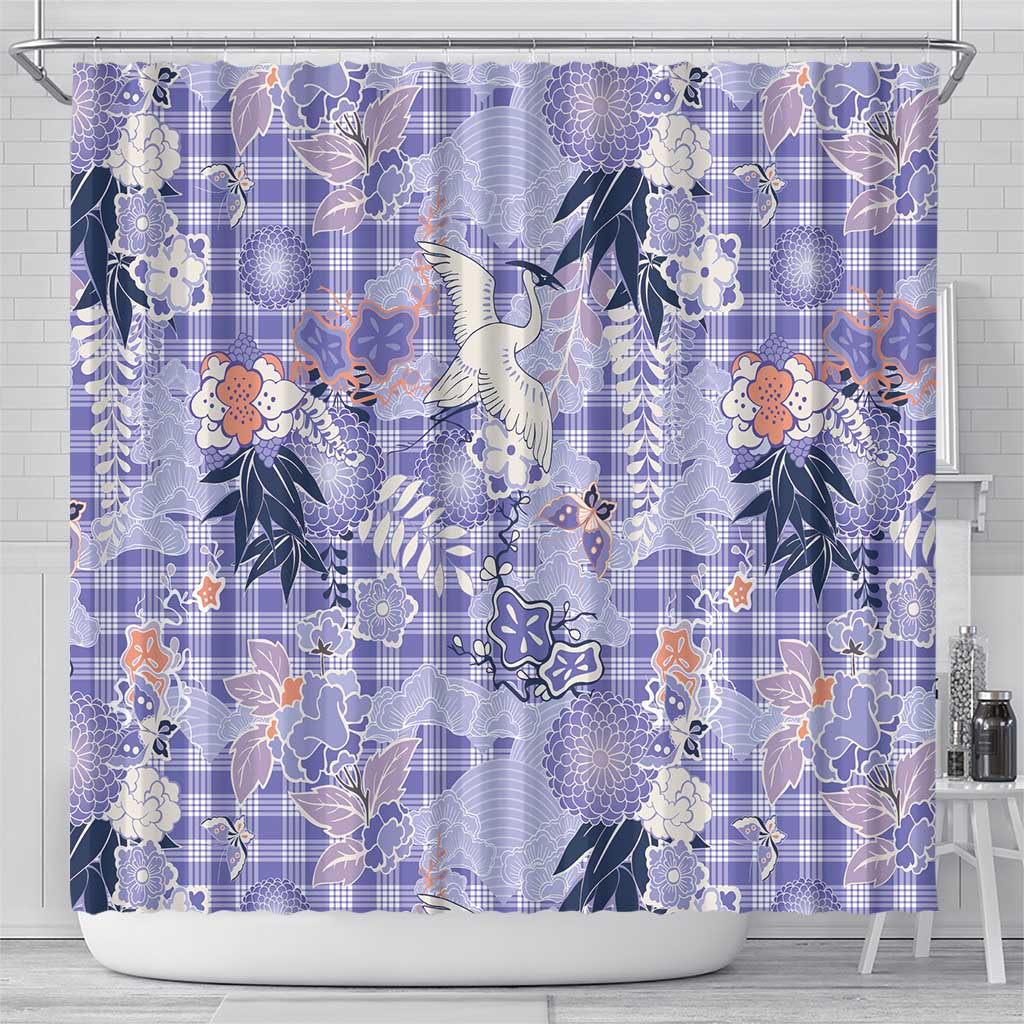 Purple Palaka Crane and Flowers Shower Curtain Japan Heritage Spirit - Polynesian Pride