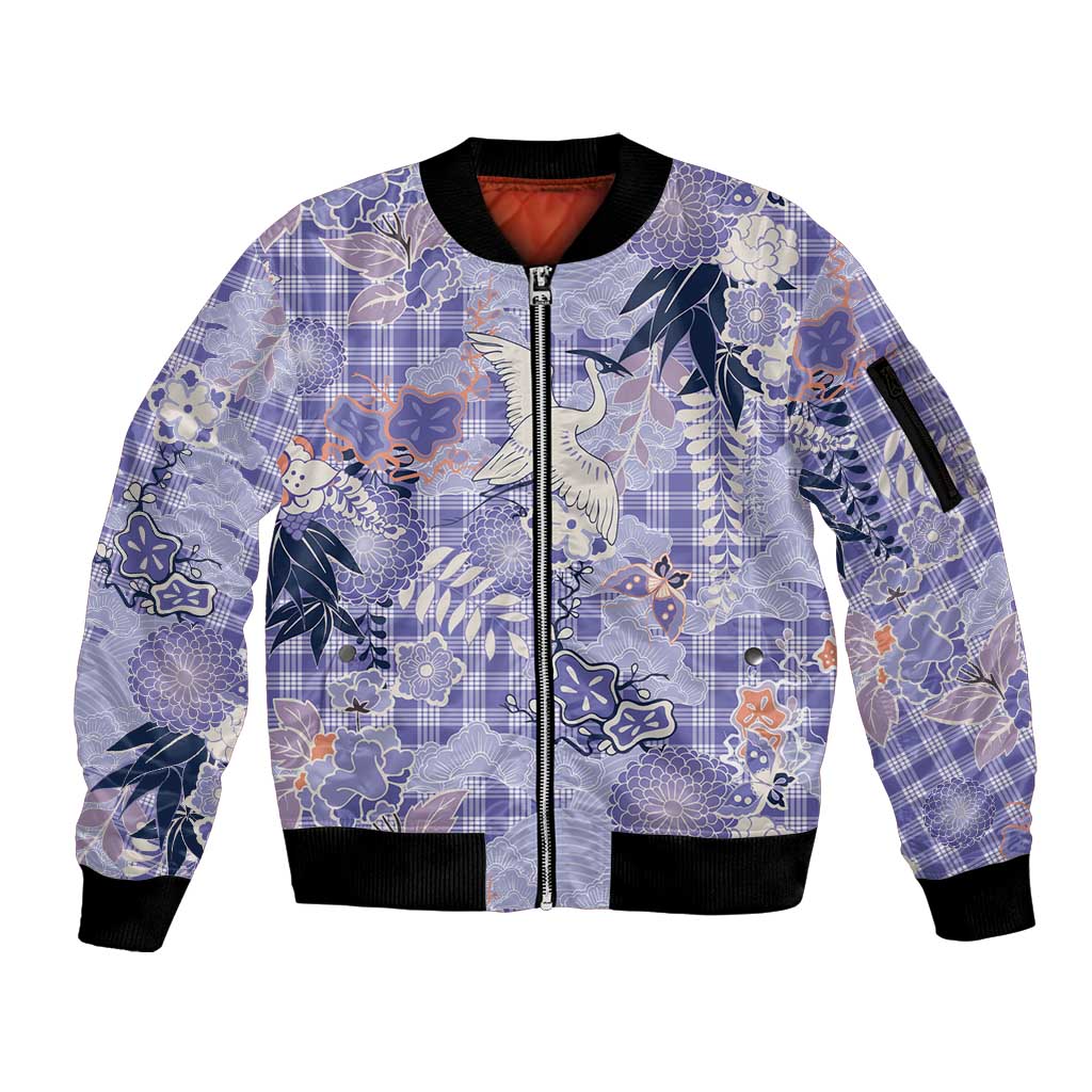 Purple Palaka Crane and Flowers Sleeve Zip Bomber Jacket Japan Heritage Spirit LT9 Unisex Purple - Polynesian Pride