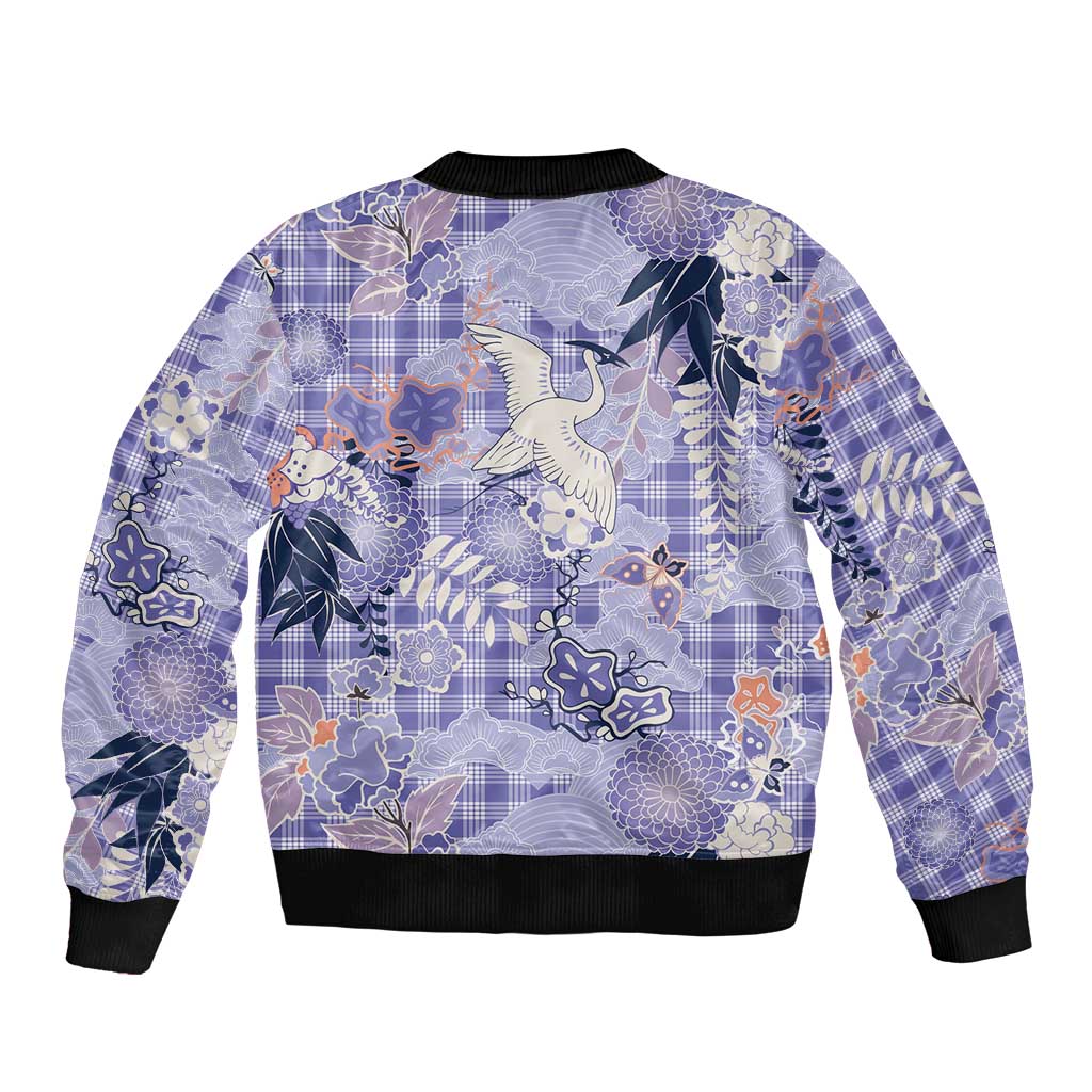 Purple Palaka Crane and Flowers Sleeve Zip Bomber Jacket Japan Heritage Spirit - Polynesian Pride