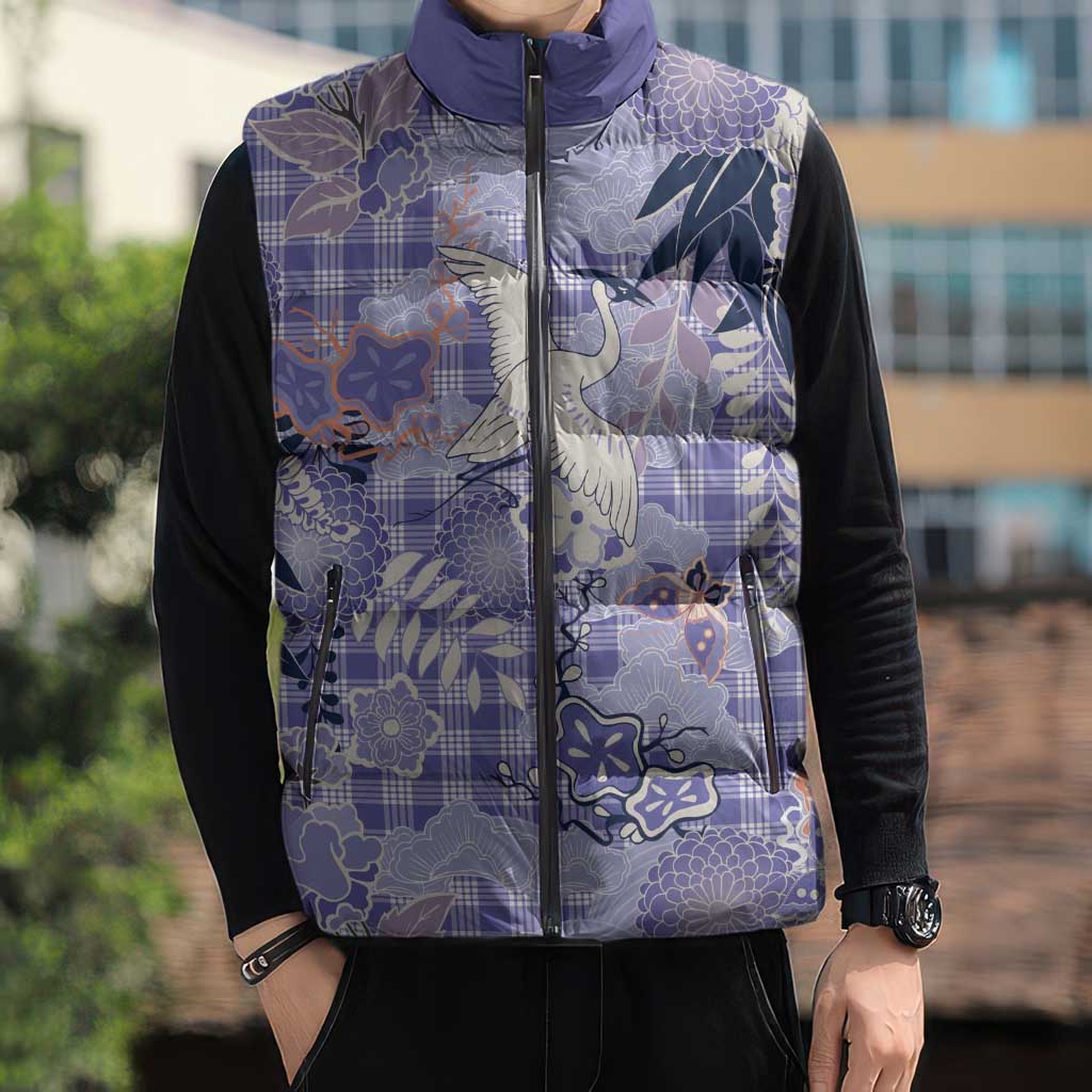 Purple Palaka Crane and Flowers Sleeveless Puffer Jacket Japan Heritage Spirit LT9 - Polynesian Pride