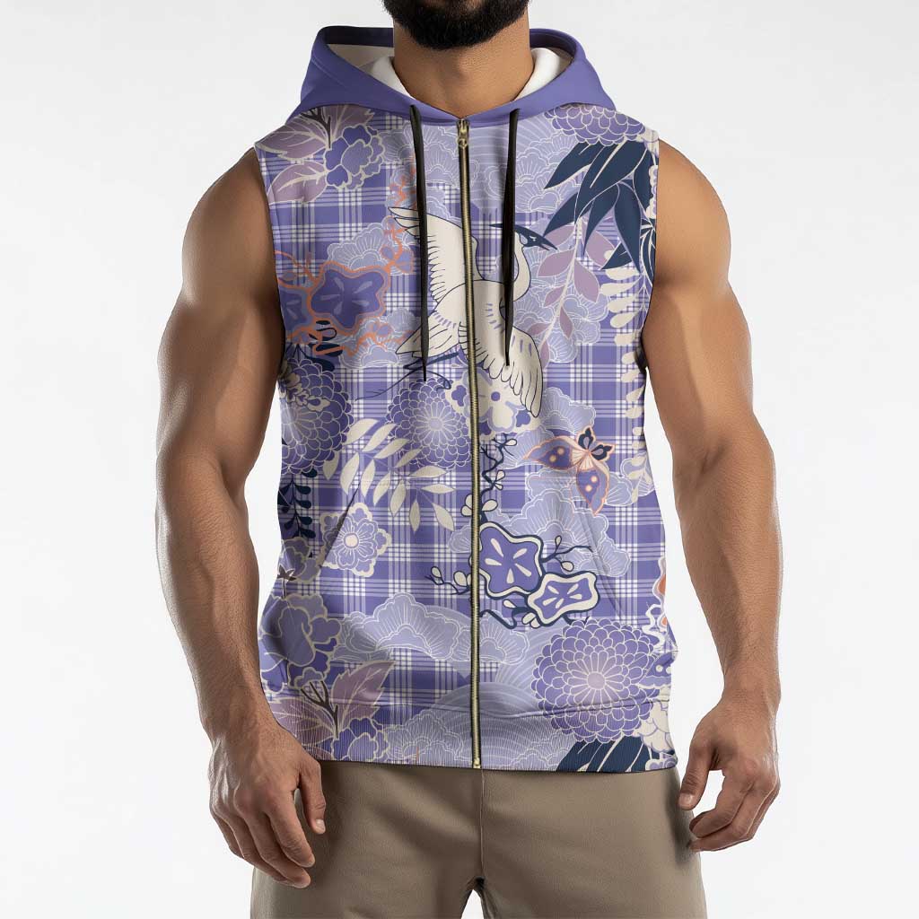 Purple Palaka Crane and Flowers Sleeveless Zip Hoodie Japan Heritage Spirit - Polynesian Pride