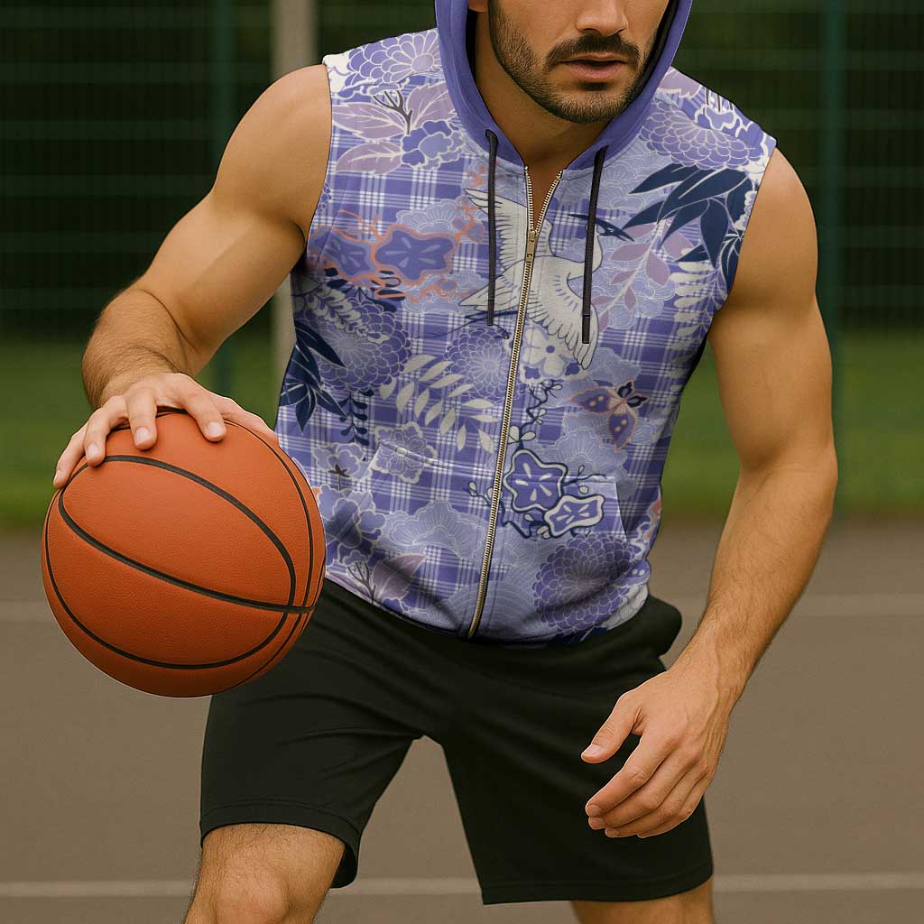 Purple Palaka Crane and Flowers Sleeveless Zip Hoodie Japan Heritage Spirit - Polynesian Pride