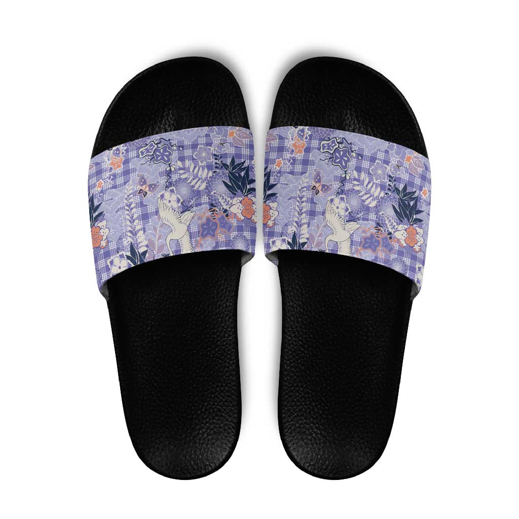 Purple Palaka Crane and Flowers Slide Sandals Japan Heritage Spirit LT9 Purple - Polynesian Pride