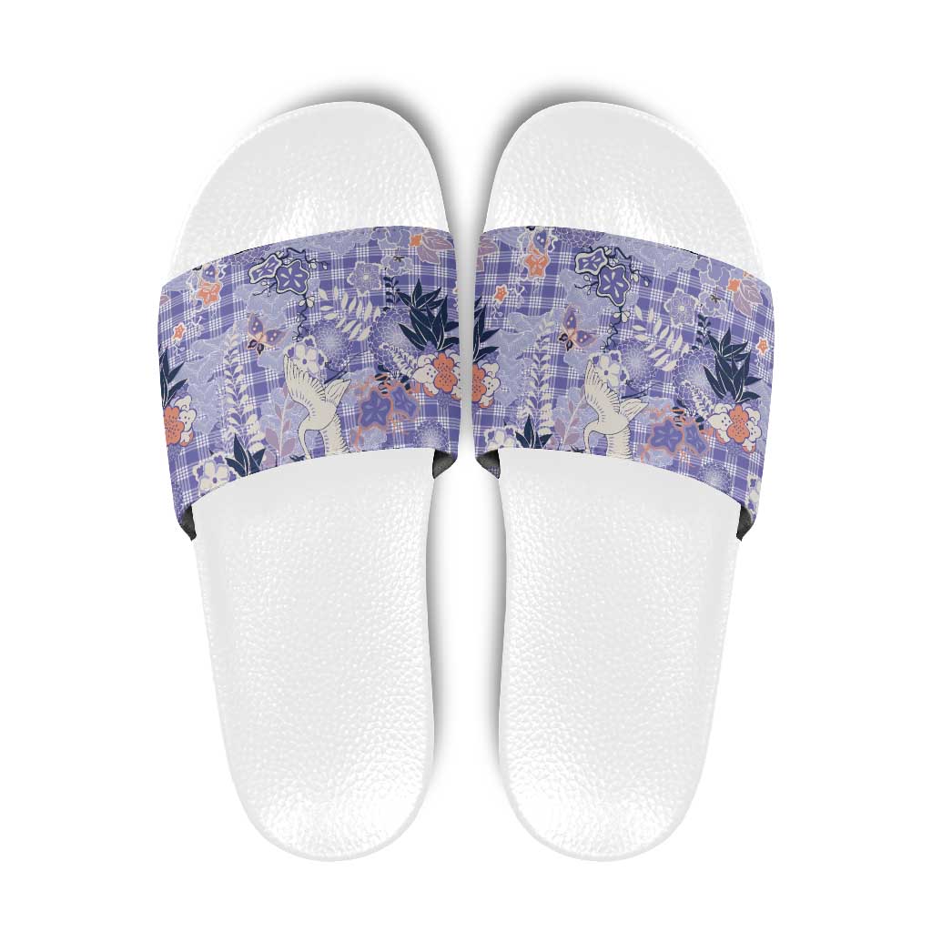 Purple Palaka Crane and Flowers Slide Sandals Japan Heritage Spirit - Polynesian Pride
