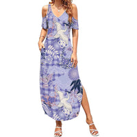 Purple Palaka Crane and Flowers Summer Maxi Dress Japan Heritage Spirit - Polynesian Pride