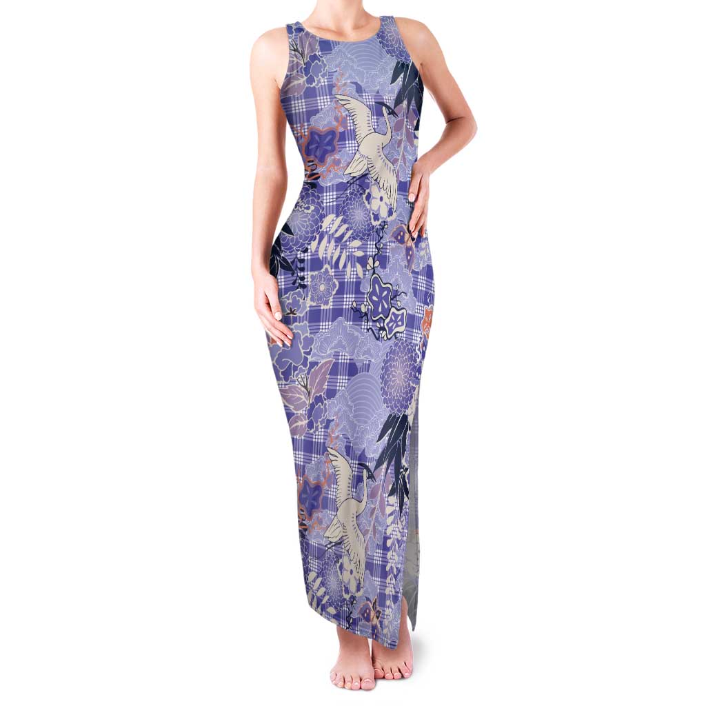 Purple Palaka Crane and Flowers Tank Maxi Dress Japan Heritage Spirit - Polynesian Pride
