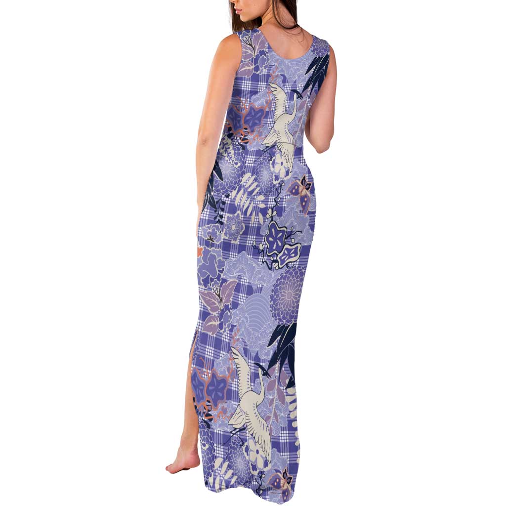 Purple Palaka Crane and Flowers Tank Maxi Dress Japan Heritage Spirit - Polynesian Pride