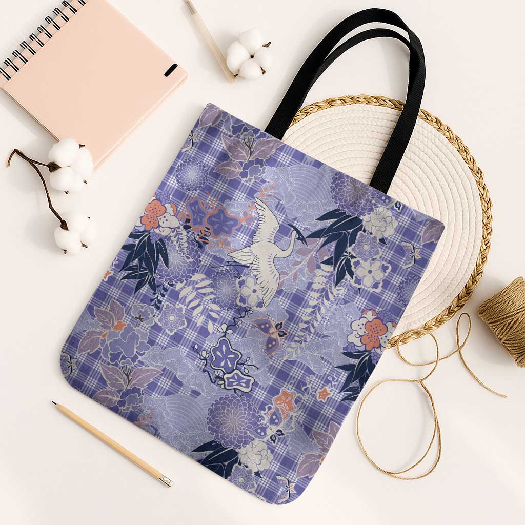 Purple Palaka Crane and Flowers Tote Bag Japan Heritage Spirit LT9 Black Strap One Size Purple - Polynesian Pride