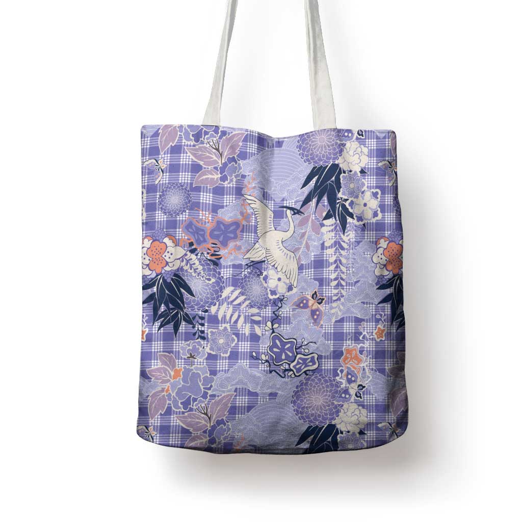 Purple Palaka Crane and Flowers Tote Bag Japan Heritage Spirit - Polynesian Pride
