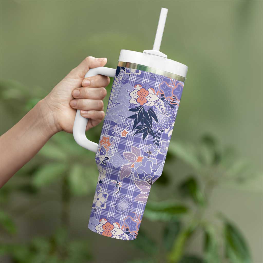 Purple Palaka Crane and Flowers Tumbler With Handle Japan Heritage Spirit - Polynesian Pride