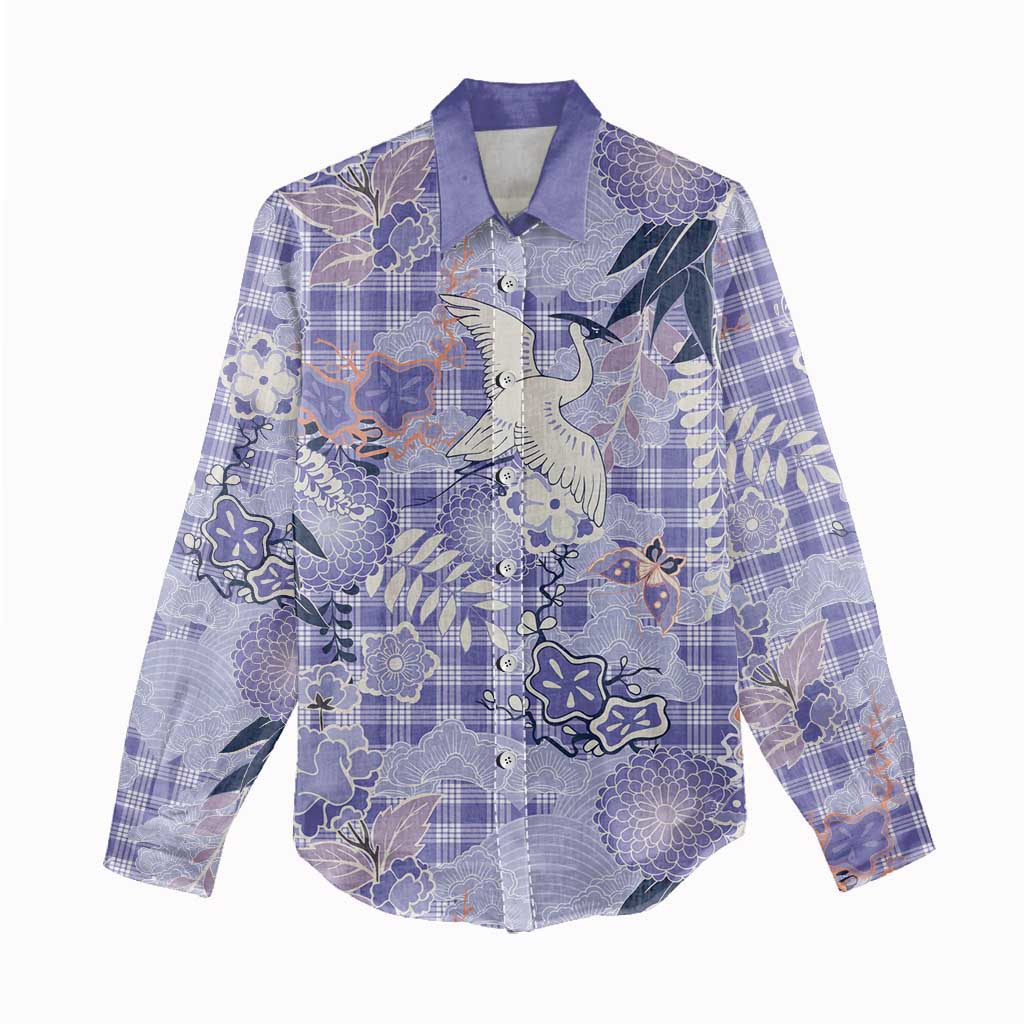 Purple Palaka Crane and Flowers Women Casual Shirt Japan Heritage Spirit - Polynesian Pride