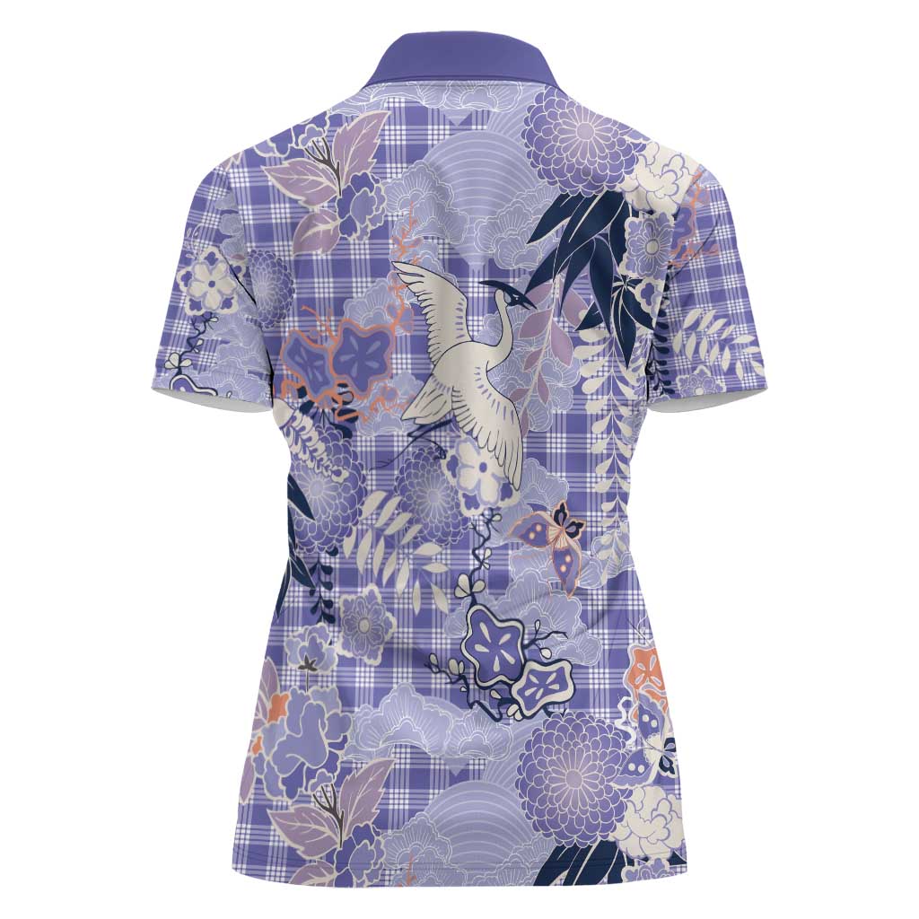 Purple Palaka Crane and Flowers Women Polo Shirt Japan Heritage Spirit - Polynesian Pride