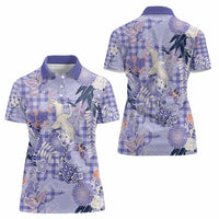Purple Palaka Crane and Flowers Women Polo Shirt Japan Heritage Spirit - Polynesian Pride
