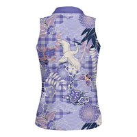 Purple Palaka Crane and Flowers Women Sleeveless Polo Shirt Japan Heritage Spirit - Polynesian Pride