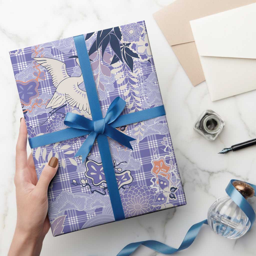 Purple Palaka Crane and Flowers Wrapping Paper Japan Heritage Spirit - Polynesian Pride