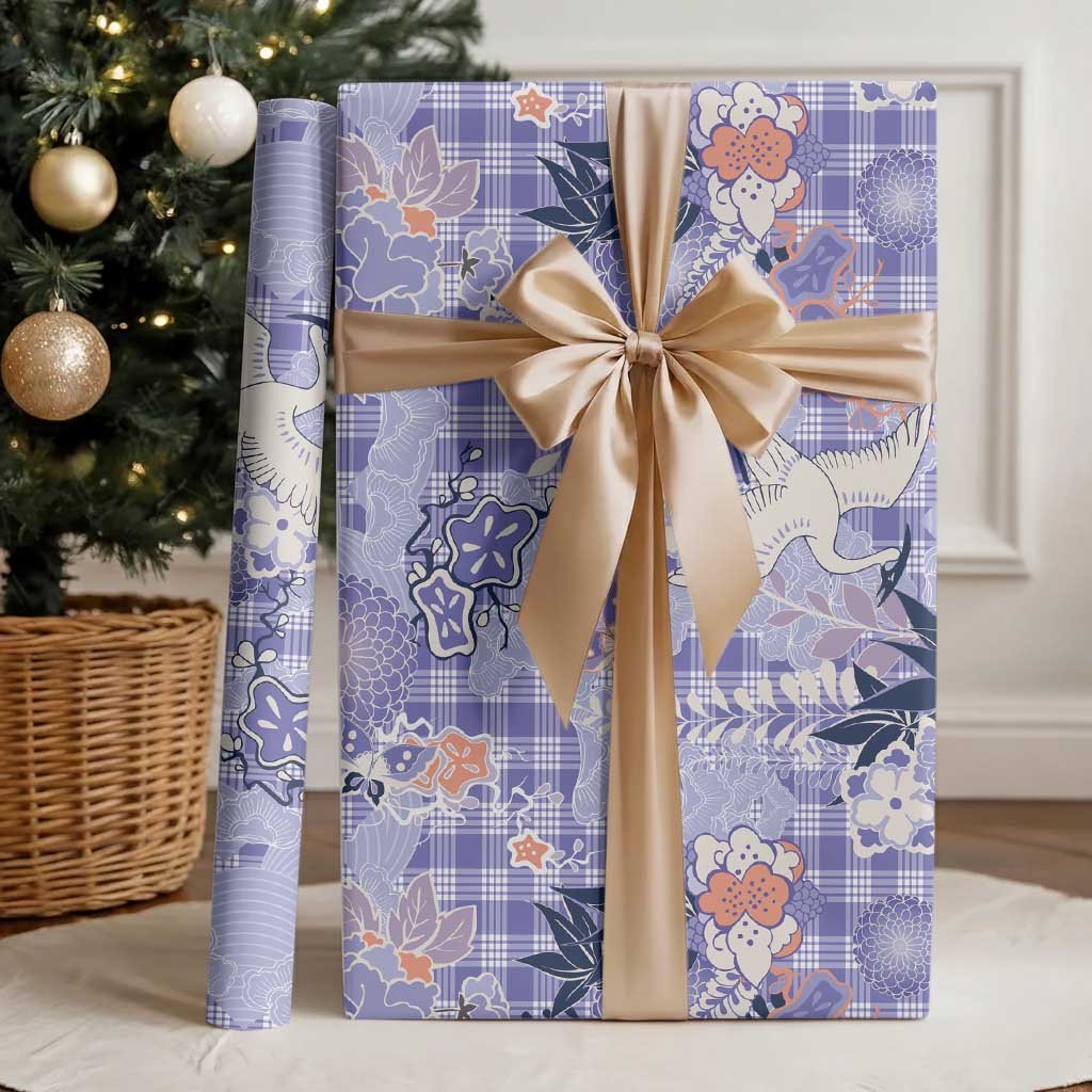 Purple Palaka Crane and Flowers Wrapping Paper Japan Heritage Spirit - Polynesian Pride