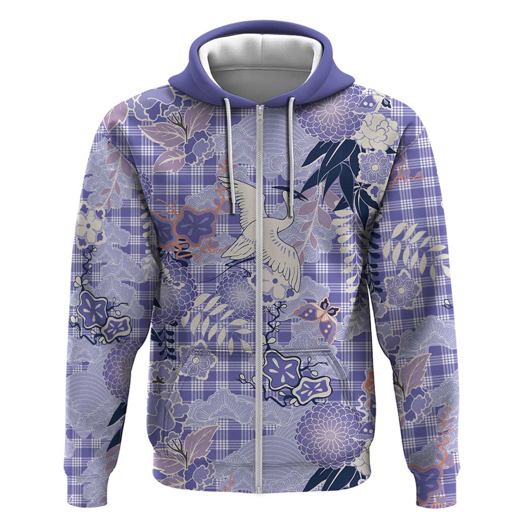 Purple Palaka Crane and Flowers Zip Hoodie Japan Heritage Spirit LT9 Zip Hoodie Purple - Polynesian Pride