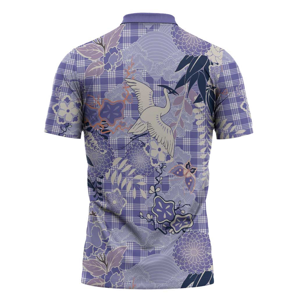 Purple Palaka Crane and Flowers Zipper Polo Shirt Japan Heritage Spirit - Polynesian Pride