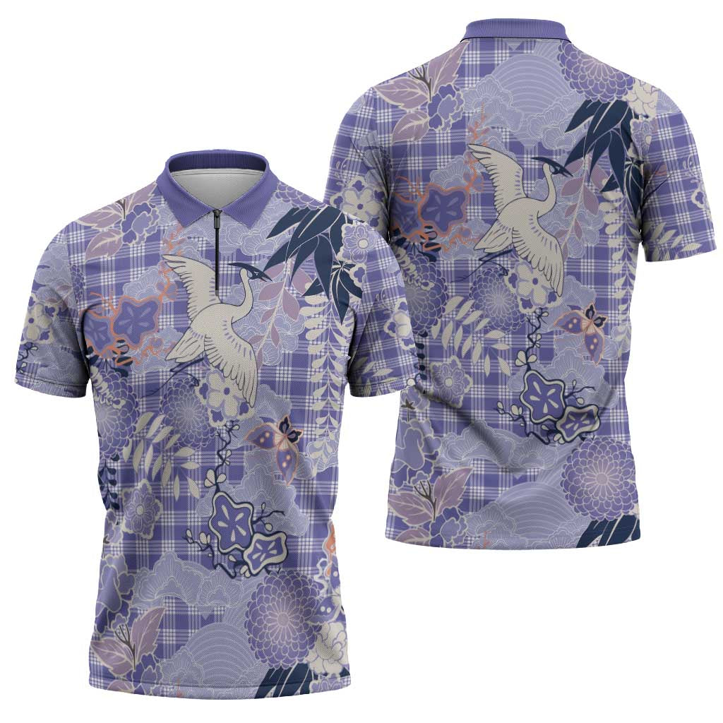 Purple Palaka Crane and Flowers Zipper Polo Shirt Japan Heritage Spirit - Polynesian Pride
