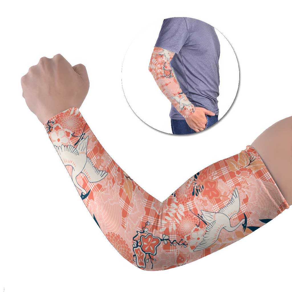 Red Palaka Crane and Flowers Arm Sleeves Japan Heritage Spirit LT9 Set of 2 Red - Polynesian Pride