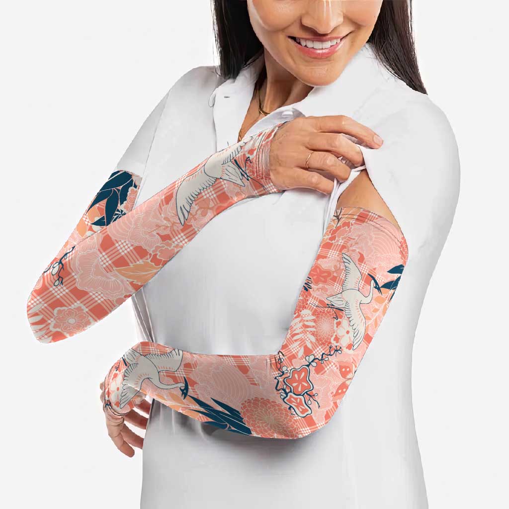Red Palaka Crane and Flowers Arm Sleeves Japan Heritage Spirit - Polynesian Pride