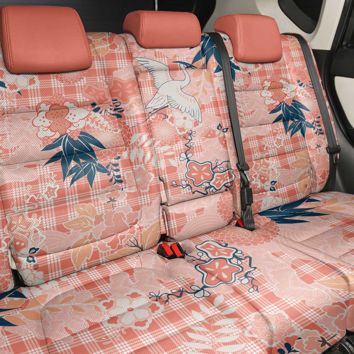 Red Palaka Crane and Flowers Back Car Seat Cover Japan Heritage Spirit - Polynesian Pride