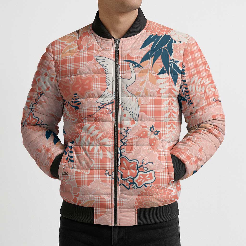 Red Palaka Crane and Flowers Bomber Puffer Jacket Japan Heritage Spirit - Polynesian Pride
