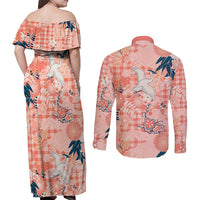Red Palaka Crane and Flowers Couples Matching Off Shoulder Maxi Dress and Long Sleeve Button Shirt Japan Heritage Spirit - Polynesian Pride