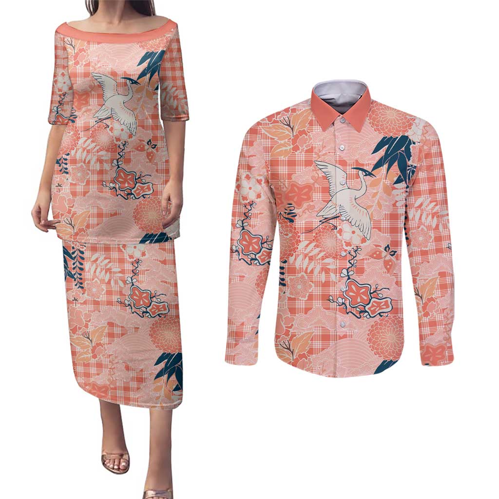 Red Palaka Crane and Flowers Couples Matching Puletasi and Long Sleeve Button Shirt Japan Heritage Spirit - Polynesian Pride
