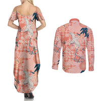 Red Palaka Crane and Flowers Couples Matching Summer Maxi Dress and Long Sleeve Button Shirt Japan Heritage Spirit - Polynesian Pride