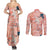 Red Palaka Crane and Flowers Couples Matching Summer Maxi Dress and Long Sleeve Button Shirt Japan Heritage Spirit - Polynesian Pride