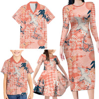 Red Palaka Crane and Flowers Family Matching Long Sleeve Bodycon Dress and Hawaiian Shirt Japan Heritage Spirit - Polynesian Pride