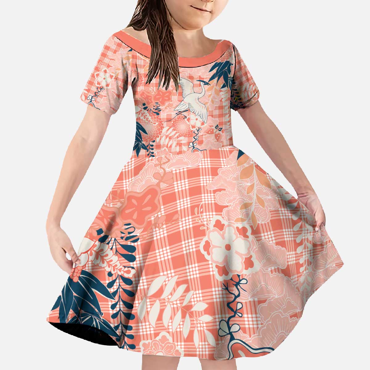 Red Palaka Crane and Flowers Family Matching Off The Shoulder Long Sleeve Dress and Hawaiian Shirt Japan Heritage Spirit - Polynesian Pride