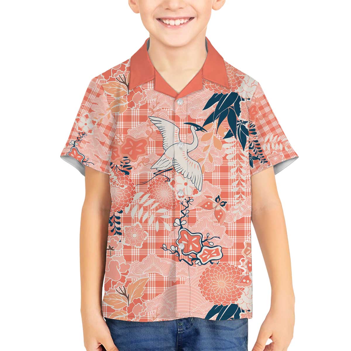 Red Palaka Crane and Flowers Family Matching Off The Shoulder Long Sleeve Dress and Hawaiian Shirt Japan Heritage Spirit - Polynesian Pride