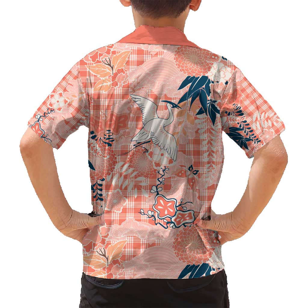 Red Palaka Crane and Flowers Family Matching Off Shoulder Short Dress and Hawaiian Shirt Japan Heritage Spirit - Polynesian Pride