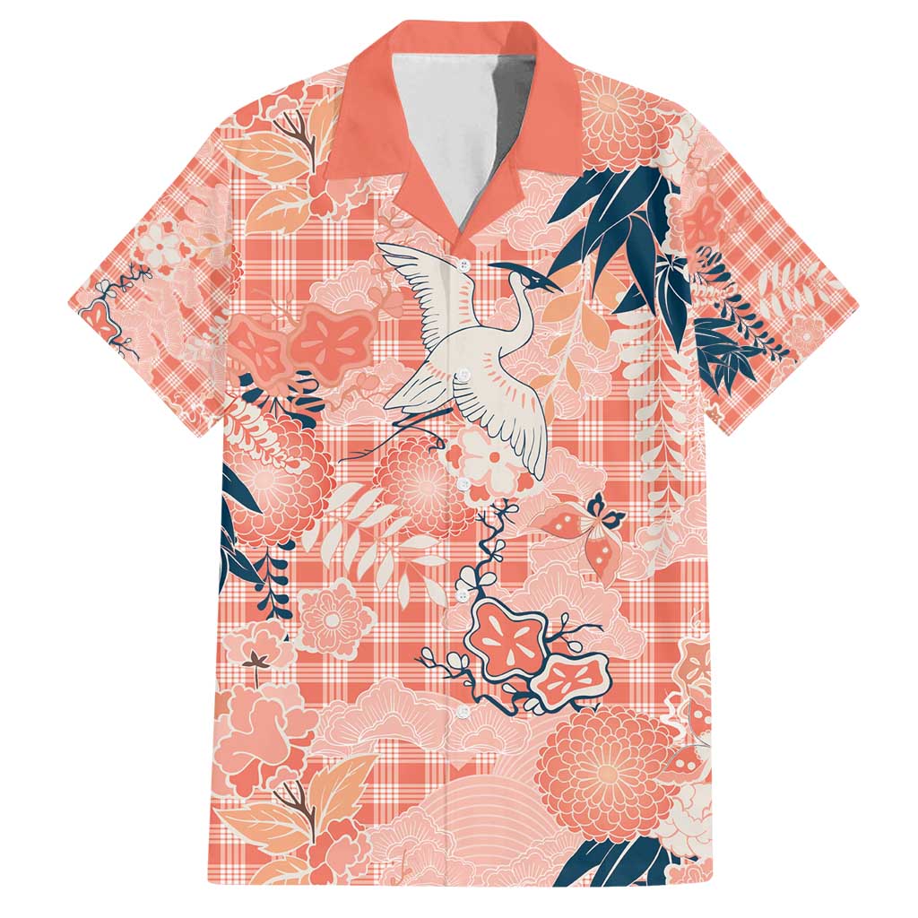 Red Palaka Crane and Flowers Family Matching Off Shoulder Short Dress and Hawaiian Shirt Japan Heritage Spirit - Polynesian Pride