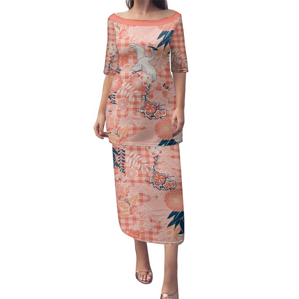 Red Palaka Crane and Flowers Family Matching Puletasi and Hawaiian Shirt Japan Heritage Spirit - Polynesian Pride