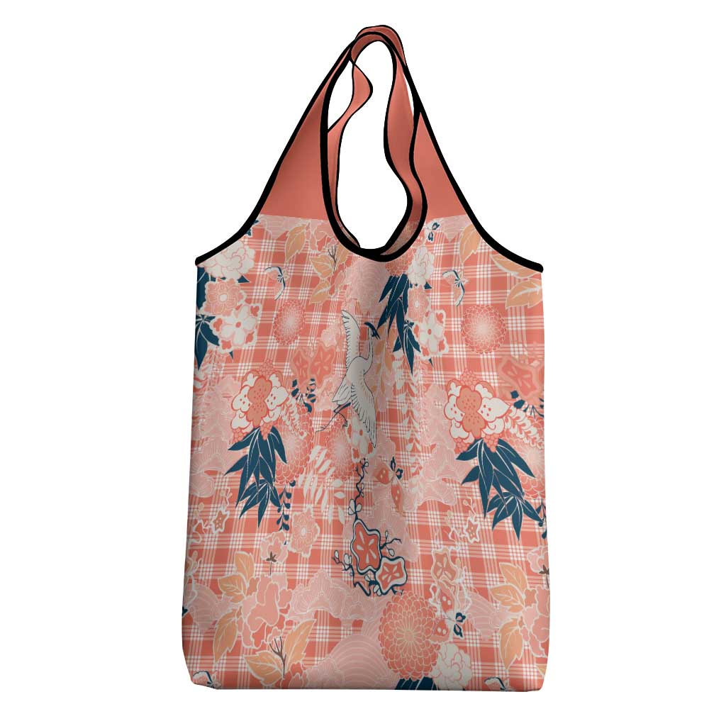 Red Palaka Crane and Flowers Grocery Bag Japan Heritage Spirit - Polynesian Pride