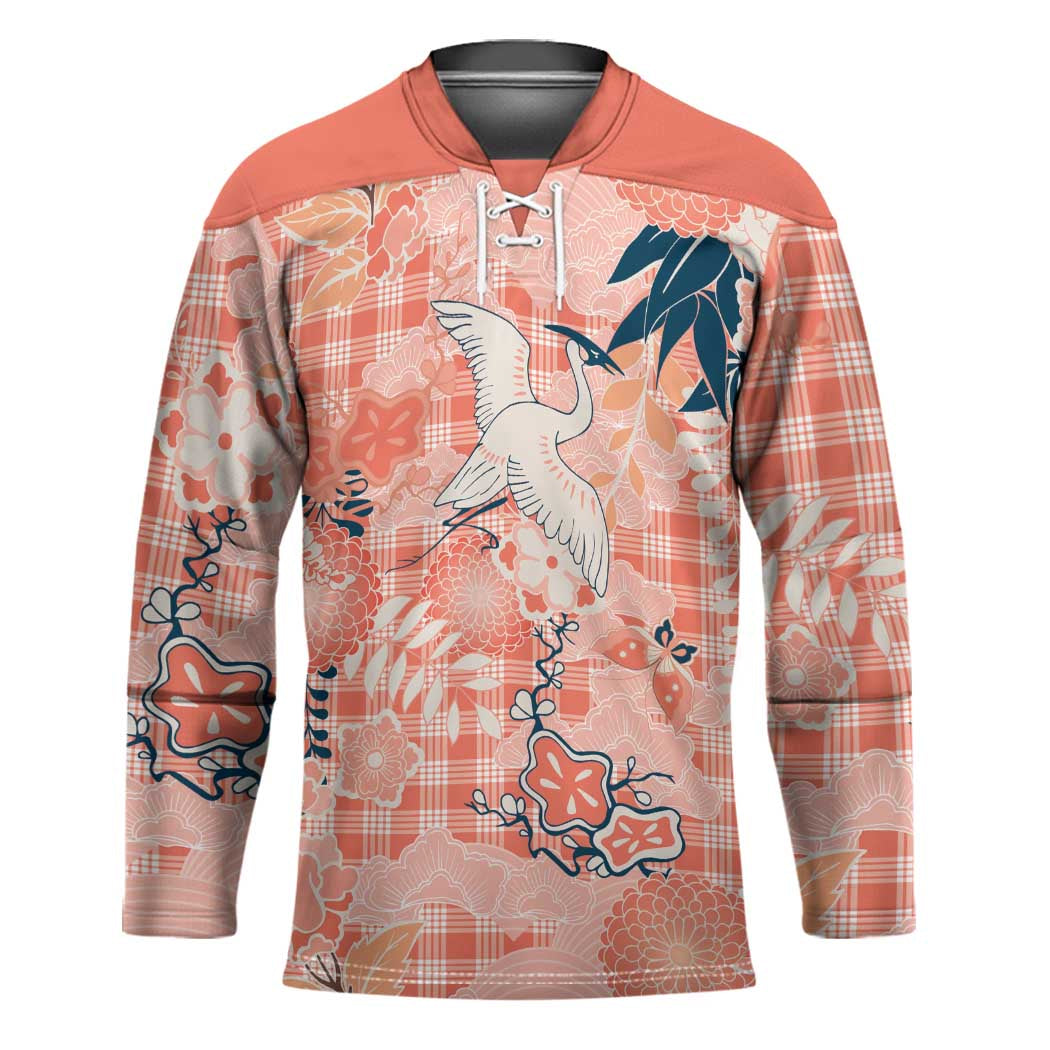 Red Palaka Crane and Flowers Hockey Jersey Japan Heritage Spirit LT9 Unisex Red - Polynesian Pride